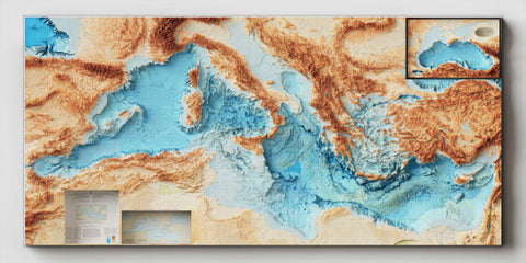 Mediterranean Sea Bathymetric, Topographic map - 1981, 2D printed shaded relief map with 3D effect of a 1981 topographic map of Mediterranean Sea with bathyimetric. Shop our beautiful fine art printed maps on supreme Cotton paper. Vintage maps digitally restored and enhanced with a 3D effect., VizCart from Vizart