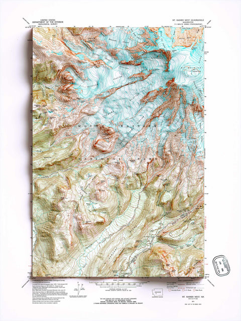 Mt Rainier West (Washington, USA), Topographic map - 1971, 2D printed shaded relief map with 3D effect of a 1906 topographic map of Mount Rainier West (Washington, USA). Shop our beautiful fine art printed maps on supreme Cotton paper. Vintage maps digitally restored and enhanced with a 3D effect. VizCart from Vizart