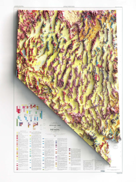Nevada (USA), Geological map - 1978, 2D printed shaded relief map with 3D effect of a 1978 geological map of Nevada (USA). Shop our beautiful fine art printed maps on supreme Cotton paper. Vintage maps digitally restored and enhanced with a 3D effect., VizCart from Vizart