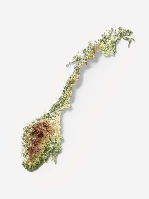 Norway, Elevation tint - Geo, 2D printed shaded relief map with 3D effect of Europe with geo hypsometric tint. Shop our beautiful fine art printed maps on supreme Cotton paper. Vintage maps digitally restored and enhanced with a 3D effect. VizCart from Vizart