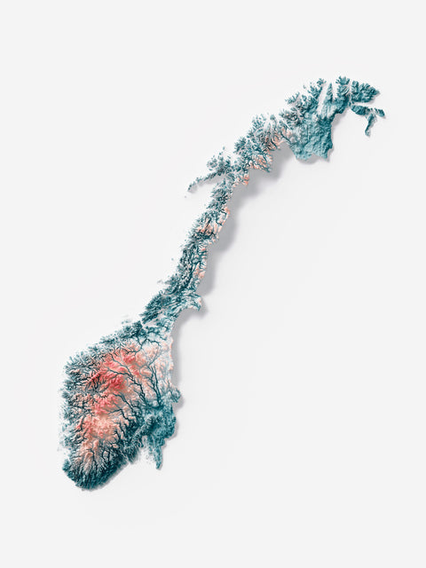 Norway, Elevation tint - Irid, 2D printed shaded relief map with 3D effect of Europe with irid hypsometric tint. Shop our beautiful fine art printed maps on supreme Cotton paper. Vintage maps digitally restored and enhanced with a 3D effect., VizCart from Vizart