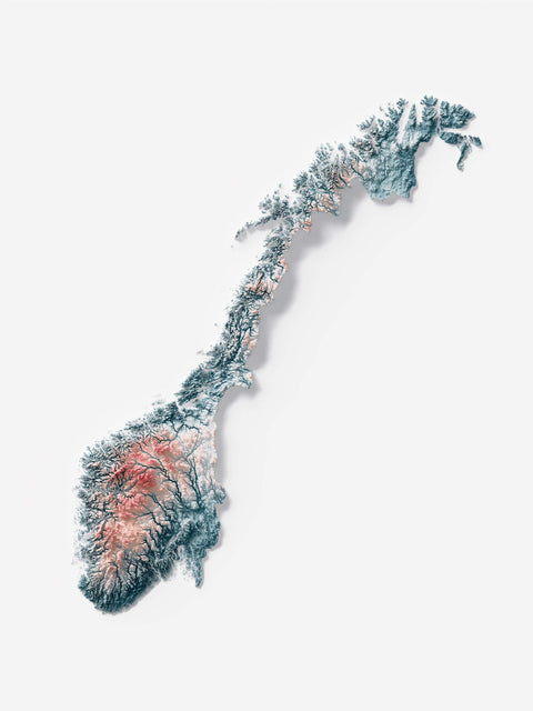 Norway, Elevation tint - Irid, 2D printed shaded relief map with 3D effect of Europe with irid hypsometric tint. Shop our beautiful fine art printed maps on supreme Cotton paper. Vintage maps digitally restored and enhanced with a 3D effect. VizCart from Vizart