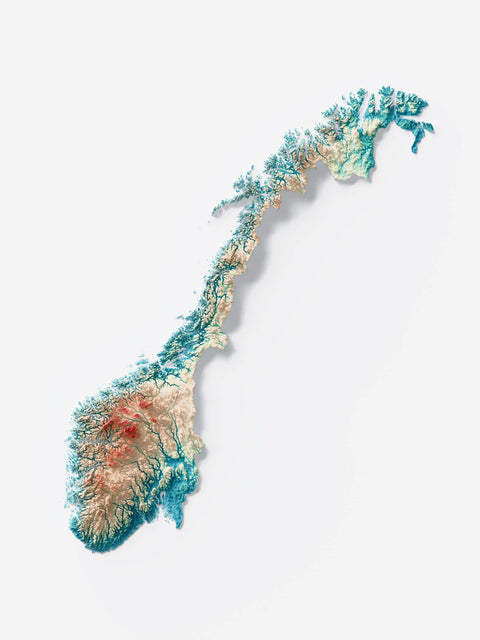 Norway, Elevation tint - Spectral, 2D printed shaded relief map with 3D effect of Europe with spectral hypsometric tint. Shop our beautiful fine art printed maps on supreme Cotton paper. Vintage maps digitally restored and enhanced with a 3D effect. VizCart from Vizart