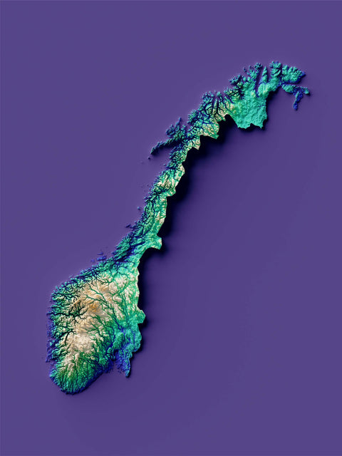 Norway, Elevation tint - Viridis, 2D printed shaded relief map with 3D effect of Europe with virid hypsometric tint. Shop our beautiful fine art printed maps on supreme Cotton paper. Vintage maps digitally restored and enhanced with a 3D effect. VizCart from Vizart