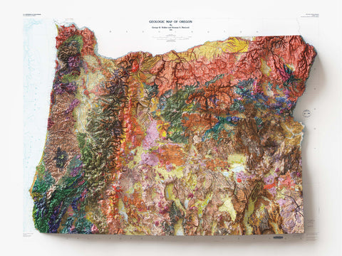 Oregon (USA), Geological map - 1991, 2D printed shaded relief map with 3D effect of a 1991 geological map of Oregon (USA). Shop our beautiful fine art printed maps on supreme Cotton paper. Vintage maps digitally restored and enhanced with a 3D effect. VizCart from Vizart