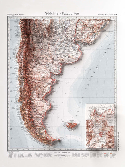 Patagonia, Topographic map - 1925, 2D printed shaded relief map with 3D effect of a 1925 topographic map of Patagonia. Shop our beautiful fine art printed maps on supreme Cotton paper. Vintage maps digitally restored and enhanced with a 3D effect. VizCart from Vizart