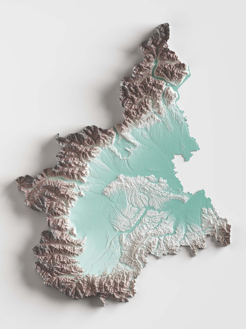 Piedmont (Italy), Elevation tint - Petrol, 2D printed shaded relief map with 3D effect of Piedmont (Italy) with petrol hypsometric tint. Shop our beautiful fine art printed maps on supreme Cotton paper. Vintage maps digitally restored and enhanced with a 3D effect. VizCart from Vizart