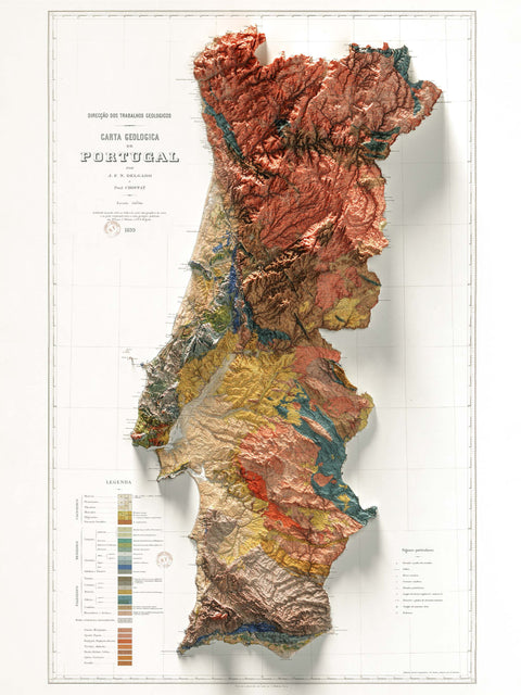 Portugal, Geological map - 1899, 2D printed shaded relief map with 3D effect of a 1899 geological map of Portugal. Shop our beautiful fine art printed maps on supreme Cotton paper. Vintage maps digitally restored and enhanced with a 3D effect. VizCart from Vizart