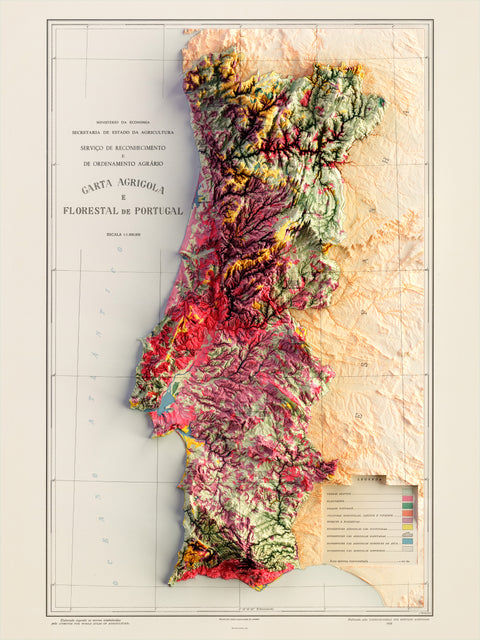 Portugal, Soil map - 1958, 2D printed shaded relief map with 3D effect of a 1958 soil map of Portugal. Shop our beautiful fine art printed maps on supreme Cotton paper. Vintage maps digitally restored and enhanced with a 3D effect., VizCart from Vizart