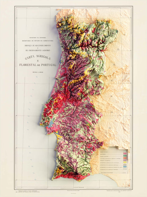 Portugal, Soil map - 1958, 2D printed shaded relief map with 3D effect of a 1958 soil map of Portugal. Shop our beautiful fine art printed maps on supreme Cotton paper. Vintage maps digitally restored and enhanced with a 3D effect. VizCart from Vizart