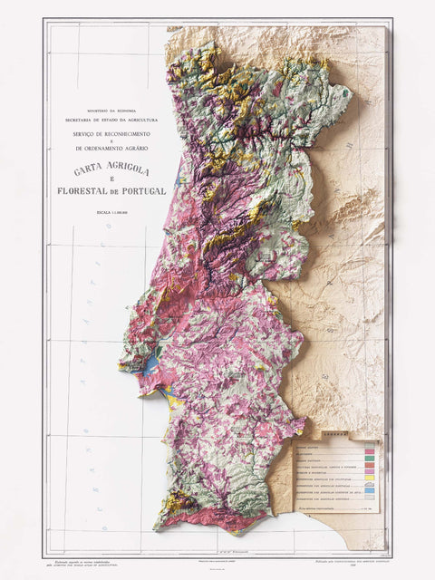 Portugal 1958 soil restored antique shaded relief map print on fine art paper