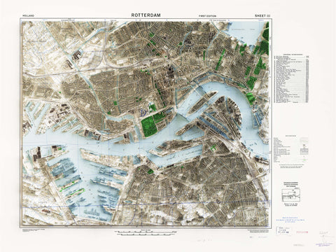 Rotterdam (The Netherlands), City map - 1944, 2D printed shaded relief map with 3D effect of a 1944 city map of Rotterdam (Netherlands). Shop our beautiful fine art printed maps on supreme Cotton paper. Vintage maps digitally restored and enhanced with a 3D effect. VizCart from Vizart
