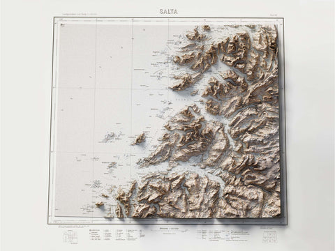 Salta (Norway), Topographic map - 1933, 2D printed shaded relief map with 3D effect of a 1933 topographic map of Salta (Norway). Shop our beautiful fine art printed maps on supreme Cotton paper. Vintage maps digitally restored and enhanced with a 3D effect. VizCart from Vizart