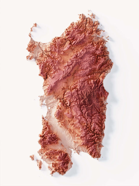 Sardinia (Italy), Elevation tint - Coral, 2D printed shaded relief map with 3D effect of Sardinia (Italy) with coral hypsometric tint. Shop our beautiful fine art printed maps on supreme Cotton paper. Vintage maps digitally restored and enhanced with a 3D effect. VizCart from Vizart