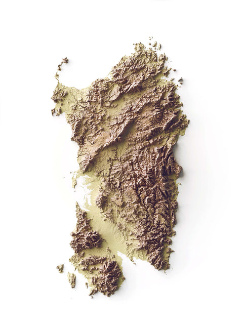 Sardinia (Italy), Elevation tint - Geo, 2D printed shaded relief map with 3D effect of Sardinia (Italy) with geo hypsometric tint. Shop our beautiful fine art printed maps on supreme Cotton paper. Vintage maps digitally restored and enhanced with a 3D effect. VizCart from Vizart