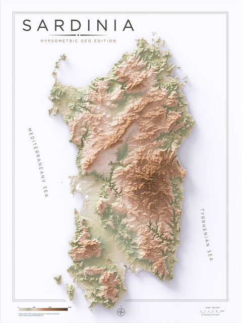 Sardinia (Italy) geo shaded relief elevation map printed on fine art paper