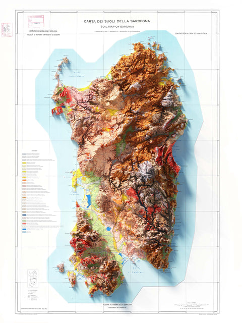 Sardinia (Italy), Soil map - 1960, 2D printed shaded relief map with 3D effect of a 1960 soil map of Sardinia (Italy). Shop our beautiful fine art printed maps on supreme Cotton paper. Vintage maps digitally restored and enhanced with a 3D effect. VizCart from Vizart
