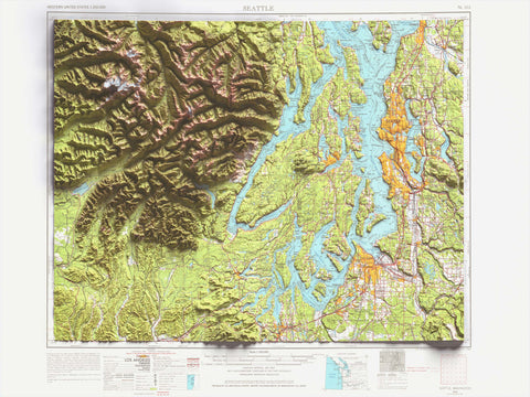 Seattle (Washington, USA), Topographic map - 1958, 2D printed shaded relief map with 3D effect of a 1958 topographic map of Seattle (Washington, USA). Shop our beautiful fine art printed maps on supreme Cotton paper. Vintage maps digitally restored and enhanced with a 3D effect. VizCart from Vizart
