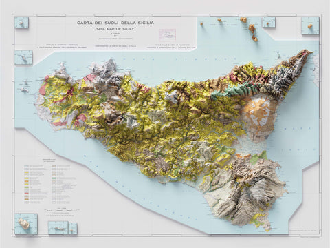 Sicily (Italy), Soil map - 1967, 2D printed shaded relief map with 3D effect of a 1967 soil map of Siciliy (Italy). Shop our beautiful fine art printed maps on supreme Cotton paper. Vintage maps digitally restored and enhanced with a 3D effect. VizCart from Vizart