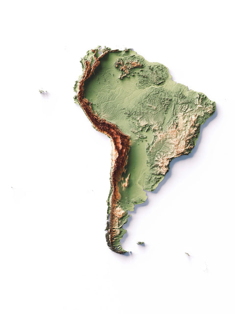 South America, Elevation tint - Geo, 2D printed shaded relief map with 3D effect of South America with geo tint. Shop our beautiful fine art printed maps on supreme Cotton paper. Vintage maps digitally restored and enhanced with a 3D effect. VizCart from Vizart