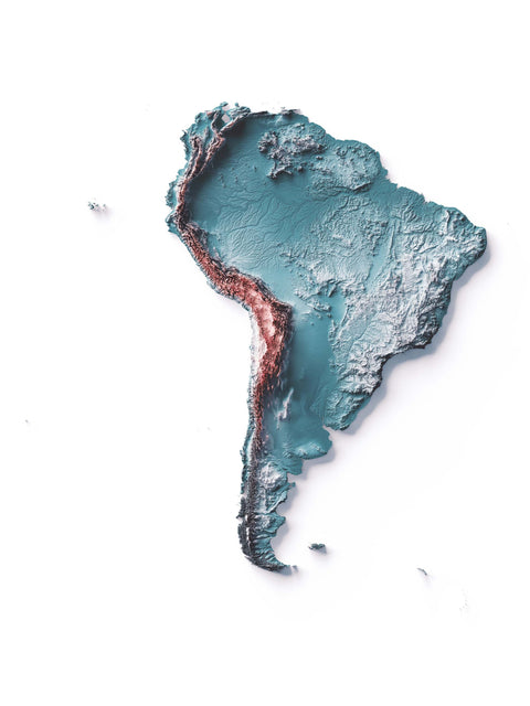 South America, Elevation tint - Irid, 2D printed shaded relief map with 3D effect of South America with irid tint. Shop our beautiful fine art printed maps on supreme Cotton paper. Vintage maps digitally restored and enhanced with a 3D effect. VizCart from Vizart