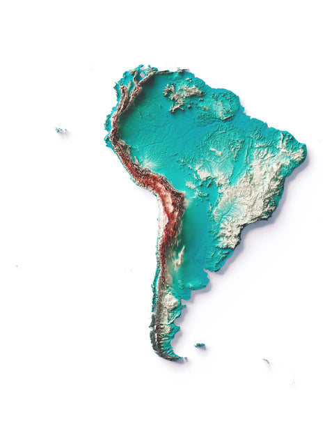 South America, Elevation tint - Spectral, 2D printed shaded relief map with 3D effect of South America with irid tint. Shop our beautiful fine art printed maps on supreme Cotton paper. Vintage maps digitally restored and enhanced with a 3D effect. VizCart from Vizart