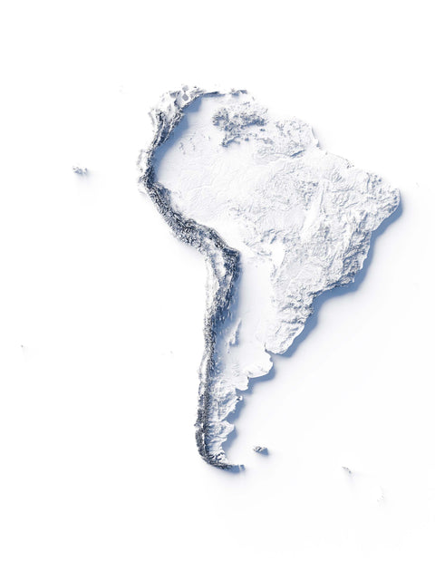 South America, Elevation tint - White, 2D printed shaded relief map with 3D effect of South America with monochrome white tint. Shop our beautiful fine art printed maps on supreme Cotton paper. Vintage maps digitally restored and enhanced with a 3D effect. VizCart from Vizart