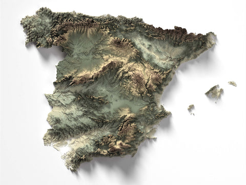 Spain, Elevation tint - Geo, 2D printed shaded relief map with 3D effect of Spain with geo hypsometric tint. Shop our beautiful fine art printed maps on supreme Cotton paper. Vintage maps digitally restored and enhanced with a 3D effect. VizCart from Vizart