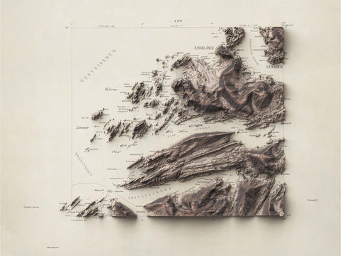 Steigen (Norway), Topographic map - 1902, 2D printed shaded relief map with 3D effect of a 1902 topographic map of Steigen (Norway). Shop our beautiful fine art printed maps on supreme Cotton paper. Vintage maps digitally restored and enhanced with a 3D effect. VizCart from Vizart