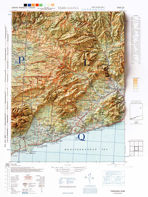 Tarragona (Spain), Topographic map - 1944, 2D printed shaded relief map with 3D effect of a 1944 topographic map of Burgos (Spain). Shop our beautiful fine art printed maps on supreme Cotton paper. Vintage maps digitally restored and enhanced with a 3D effect. VizCart from Vizart