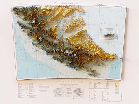 Tierra del Fuego (Chile and Argentina), Topographic map - 1964, 2D printed shaded relief map with 3D effect of a 1964 topographic map of Tierra del Fuego (Fireland, South America). Shop our beautiful fine art printed maps on supreme Cotton paper. Vintage maps digitally restored and enhanced with a 3D effect., VizCart from Vizart