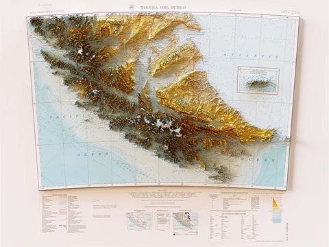 Tierra del Fuego (Chile and Argentina), Topographic map - 1964, 2D printed shaded relief map with 3D effect of a 1964 topographic map of Tierra del Fuego (Fireland, South America). Shop our beautiful fine art printed maps on supreme Cotton paper. Vintage maps digitally restored and enhanced with a 3D effect. VizCart from Vizart