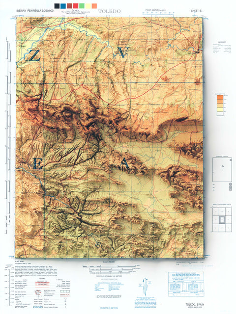 Toledo (Spain), Topographic map - 1944, 2D printed shaded relief map with 3D effect of a 1944 topographic map of Toledo (Spain). Shop our beautiful fine art printed maps on supreme Cotton paper. Vintage maps digitally restored and enhanced with a 3D effect. VizCart from Vizart
