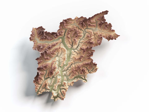 Trentino Alto Adige (Italy), Elevation tint - Geo, 2D printed shaded relief map with 3D effect of Trentino-Alto Adige (Italy) with geo hypsometric tint. Shop our beautiful fine art printed maps on supreme Cotton paper. Vintage maps digitally restored and enhanced with a 3D effect. VizCart from Vizart