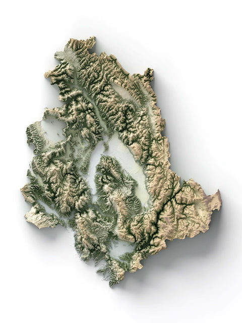 Umbria (Italy), Elevation tint - Geo, 2D printed shaded relief map with 3D effect of Umbria (Italy) with geo hypsometric tint. Shop our beautiful fine art printed maps on supreme Cotton paper. Vintage maps digitally restored and enhanced with a 3D effect. VizCart from Vizart