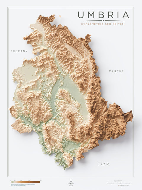 Umbria (Italy) geo shaded relief elevation map printed on fine art paper