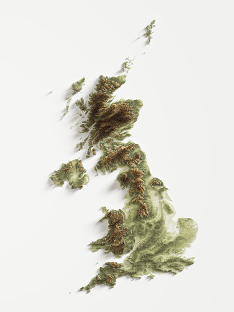 United Kingdom, Elevation tint - Geo, 2D printed shaded relief map with 3D effect of United Kingdom with geo hypsometric tint. Shop our beautiful fine art printed maps on supreme Cotton paper. Vintage maps digitally restored and enhanced with a 3D effect., VizCart from Vizart
