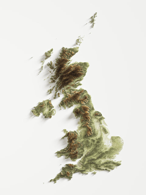 United Kingdom, Elevation tint - Geo, 2D printed shaded relief map with 3D effect of United Kingdom with geo hypsometric tint. Shop our beautiful fine art printed maps on supreme Cotton paper. Vintage maps digitally restored and enhanced with a 3D effect. VizCart from Vizart