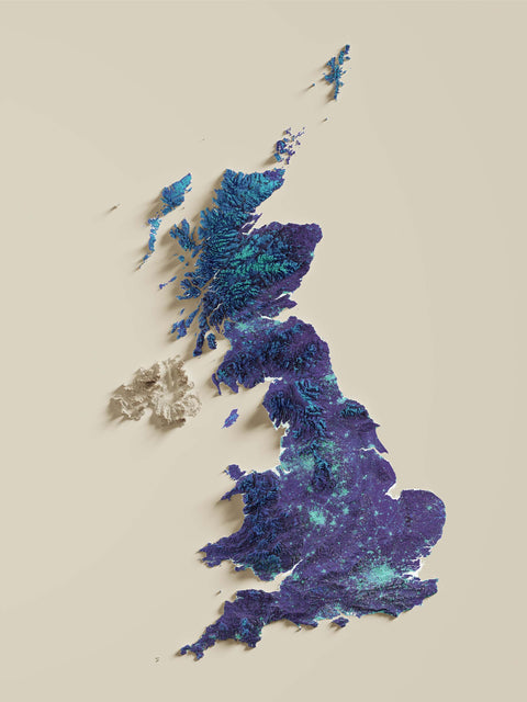 United Kingdom, Elevation tint - Viridis, 2D printed shaded relief map with 3D effect of United Kingdom with viridis hypsometric tint. Shop our beautiful fine art printed maps on supreme Cotton paper. Vintage maps digitally restored and enhanced with a 3D effect. VizCart from Vizart