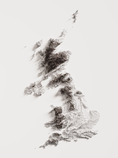 United Kingdom, Elevation tint - White, 2D printed shaded relief map with 3D effect of United Kingdom with monochrome white tint. Shop our beautiful fine art printed maps on supreme Cotton paper. Vintage maps digitally restored and enhanced with a 3D effect. VizCart from Vizart