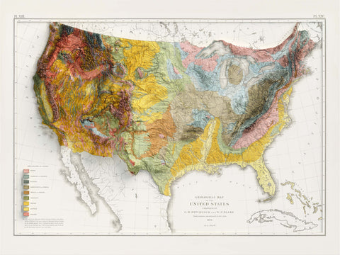 USA, Geological map - 1874, 2D printed shaded relief map with 3D effect of a 1874 geological map of United States of America. Shop our beautiful fine art printed maps on supreme Cotton paper. Vintage maps digitally restored and enhanced with a 3D effect. VizCart from Vizart