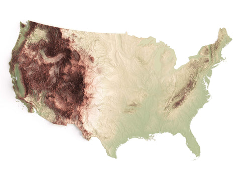 USA, Elevation tint - Geo, 2D printed shaded relief map with 3D effect of USA (Contiguous) with geo hypsometric tint. Shop our beautiful fine art printed maps on supreme Cotton paper. Vintage maps digitally restored and enhanced with a 3D effect. VizCart from Vizart