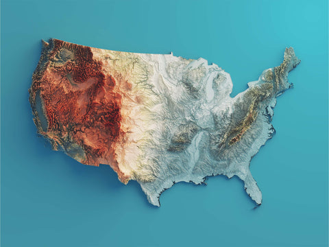 USA, Elevation tint - Spectral, 2D printed shaded relief map with 3D effect of USA (Contiguous) with spectral hypsometric tint. Shop our beautiful fine art printed maps on supreme Cotton paper. Vintage maps digitally restored and enhanced with a 3D effect. VizCart from Vizart