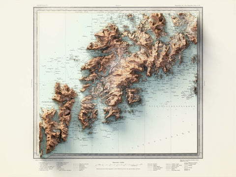 Vestvågøya (Lofoten Islands, Norway), Topographic map - 1907, 2D printed shaded relief map with 3D effect of a 1907 topographic map of Vestvagoya (Lofoten Islands, Norway). Shop our beautiful fine art printed maps on supreme Cotton paper. Vintage maps digitally restored and enhanced with a 3D effect. VizCart from Vizart