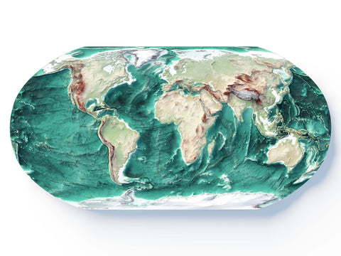 World Bathymetric, Elevation tint - Geo, 2D printed shaded relief map with 3D effect of World with geo hypsometric tint. Shop our beautiful fine art printed maps on supreme Cotton paper. Vintage maps digitally restored and enhanced with a 3D effect. VizCart from Vizart