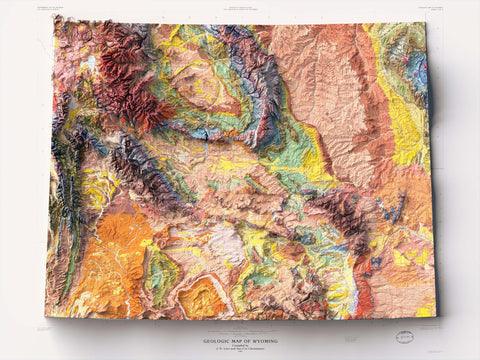 Wyoming (USA), Geological map - 1985, 2D printed shaded relief map with 3D effect of a 1985 geological map of Wyoming (USA). Shop our beautiful fine art printed maps on supreme Cotton paper. Vintage maps digitally restored and enhanced with a 3D effect. VizCart from Vizart