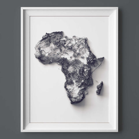 Africa White elevation tint shaded relief map print with 3D effect fine art wall decor. VizCart from Vizart