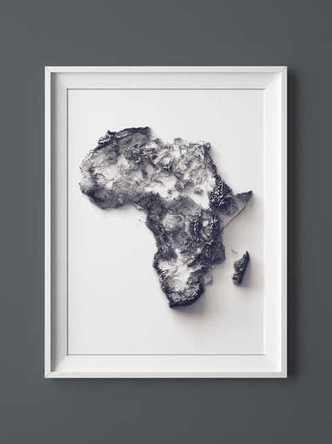 Africa, Elevation tint - White, 2D printed shaded relief map with 3D effect of Africa with monochrome white tint. Shop our beautiful fine art printed maps on supreme Cotton paper. Vintage maps digitally restored and enhanced with a 3D effect., VizCart from Vizart