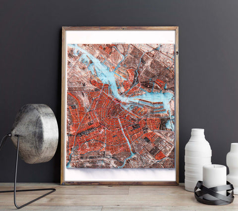 Amsterdam (The Netherlands), City map - 1914, 2D printed shaded relief map with 3D effect of a 1914 city map of Amsterdam. Shop our beautiful fine art printed maps on supreme Cotton paper. Vintage maps digitally restored and enhanced with a 3D effect. VizCart from Vizart
