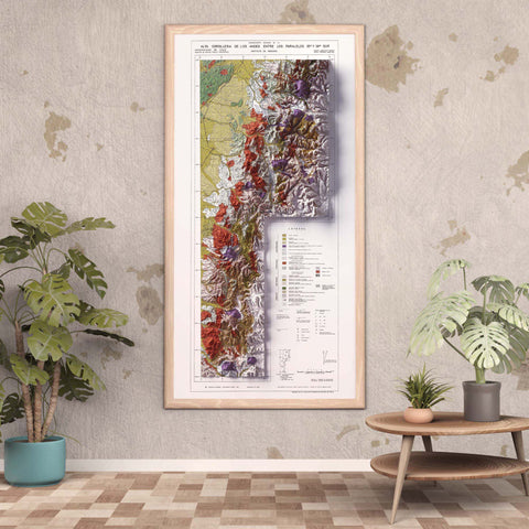 Alta Cordillera de los Andes (Chile), Geological map - 1964, 2D printed shaded relief map with 3D effect of a 1964 geological map of Andes (Alta Cordillera de los Andes, Chile). Shop our beautiful fine art printed maps on supreme Cotton paper. Vintage maps digitally restored and enhanced with a 3D effect. VizCart from Vizart
